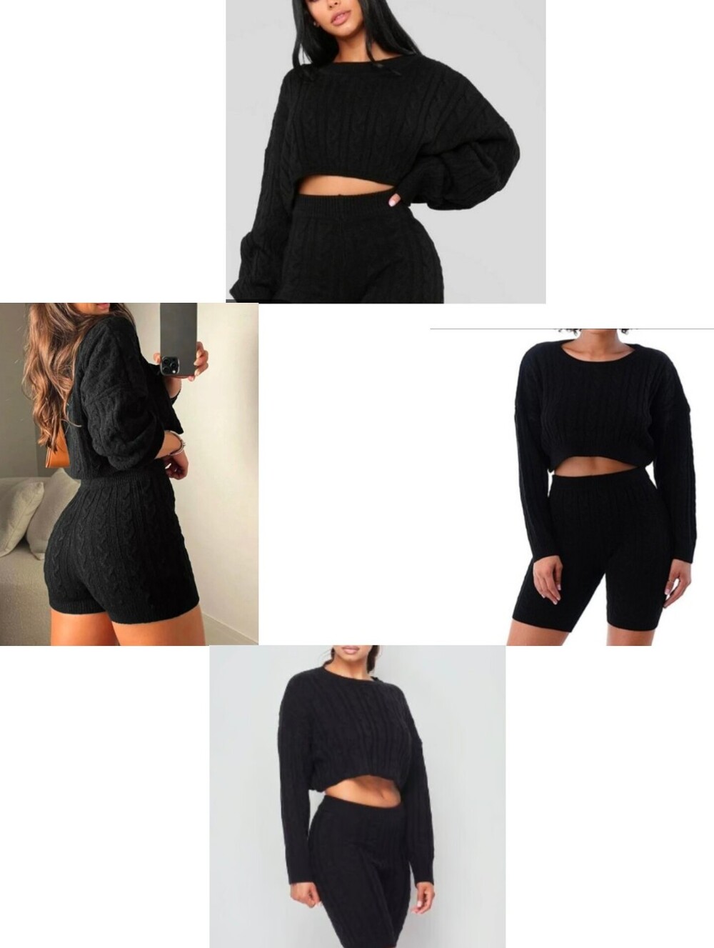 Cable Knit Sweater Set Cropped top Ribbed Biker Shorts Sz. Large Black New